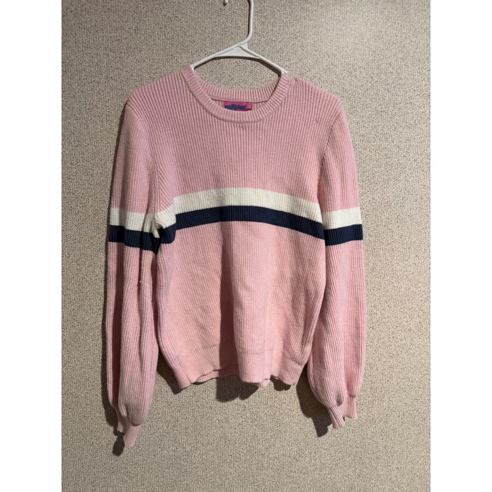 Edikted Pink Striped Rib Knit Crew Neck Sweater XS/S Navy White Long Sleeve